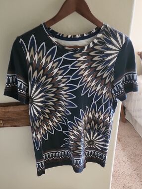Tory Burch Navy Floral Medallion Short Sleeve Tee with Brown Accents